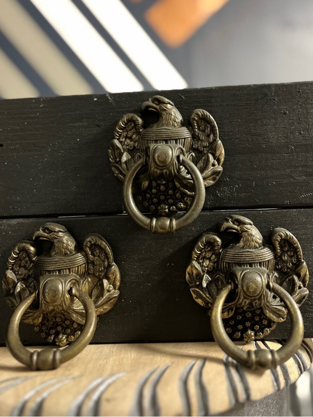 3 Brass Vtg Bald Eagle Drawer Pulls N1387 w/Screws